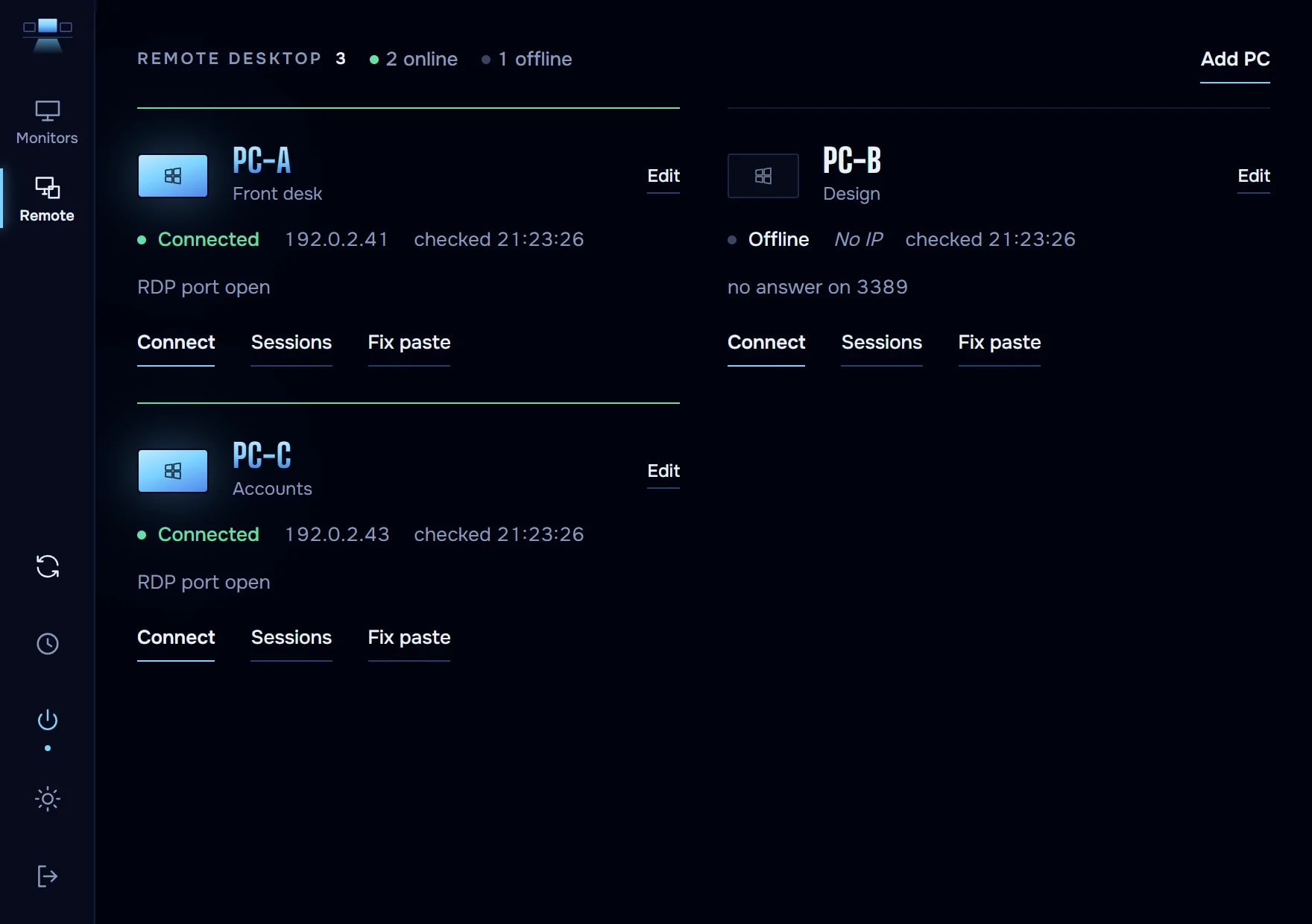 The Remote Desktop tab: each PC with whether it is online and its sessions.