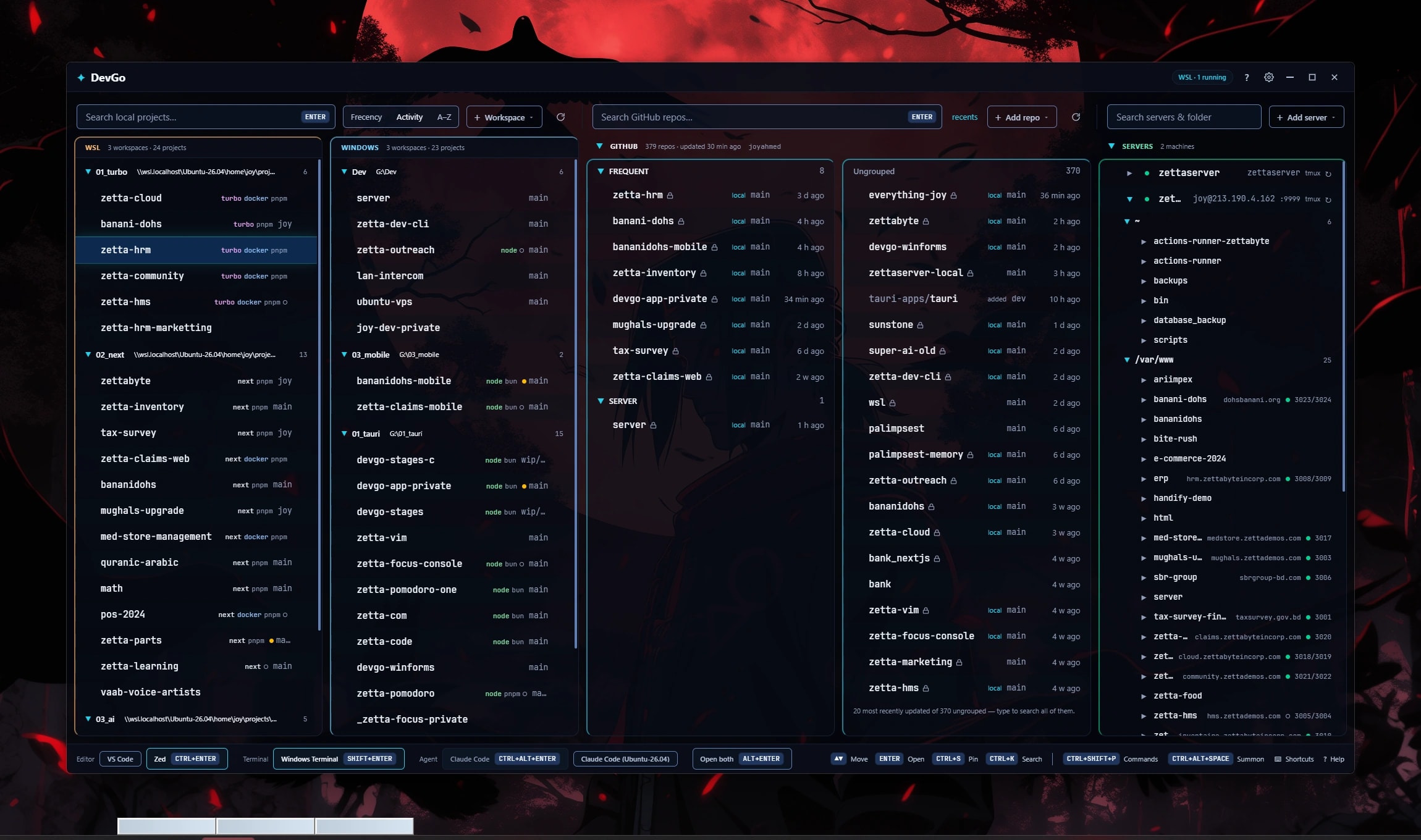 DevGo on Windows: WSL, Windows, GitHub and Servers lanes side by side, with the zetta server expanded to its folders and the apps under /var/www with their domains and ports.