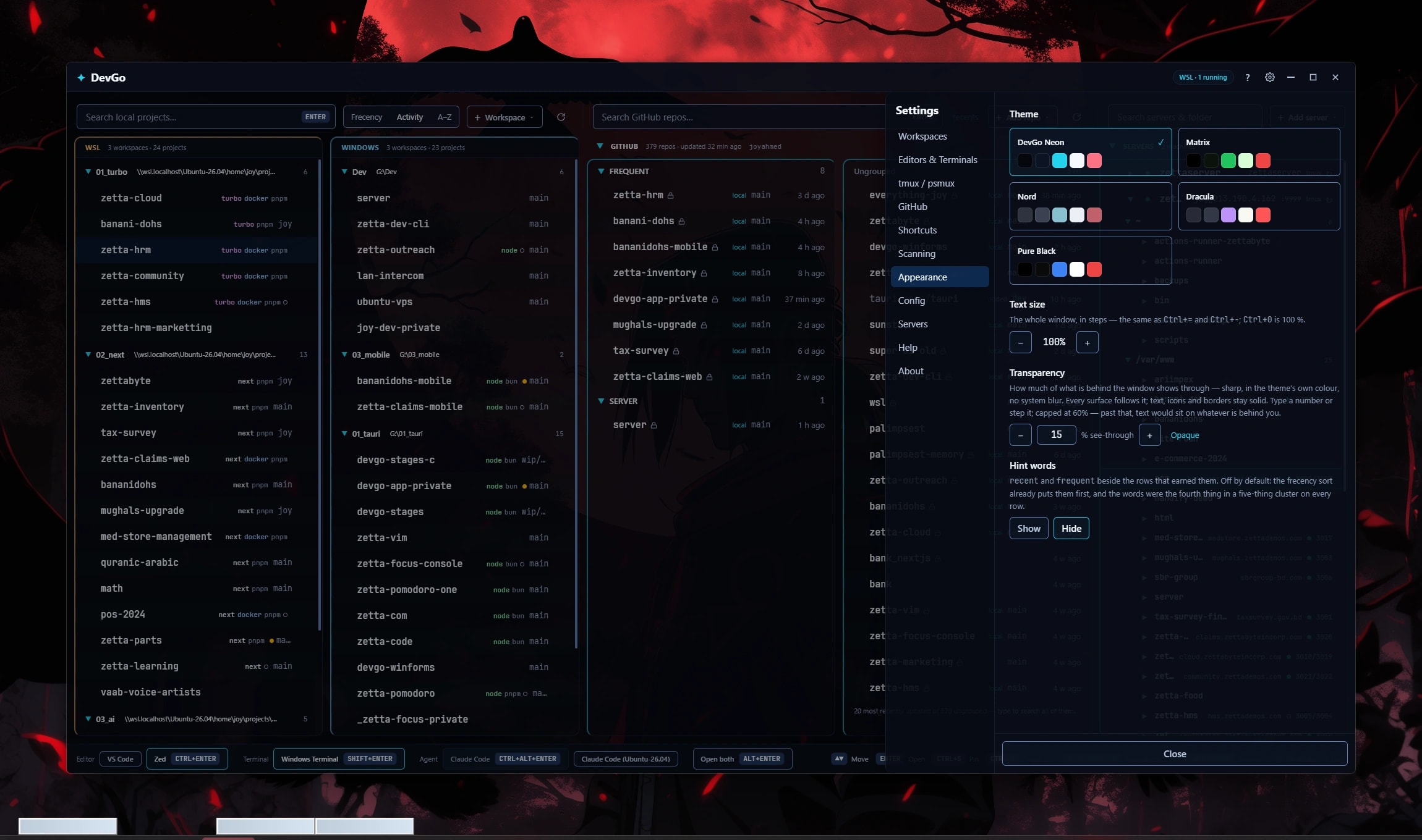 Settings › Appearance: five themes, the transparency knob, text size and the footer hints switch.