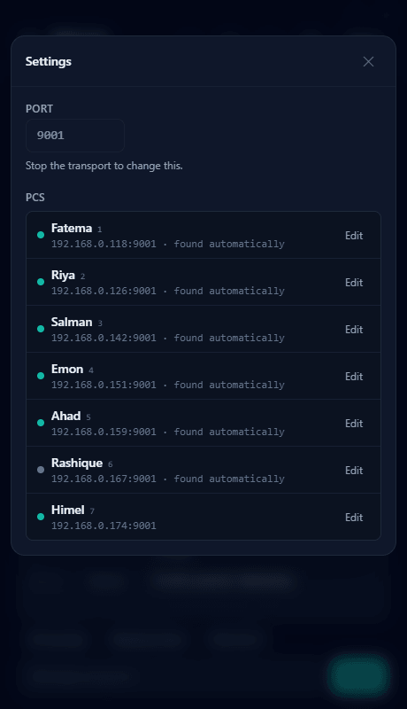 Settings: the port, and every machine with its name, address and shortcut number.