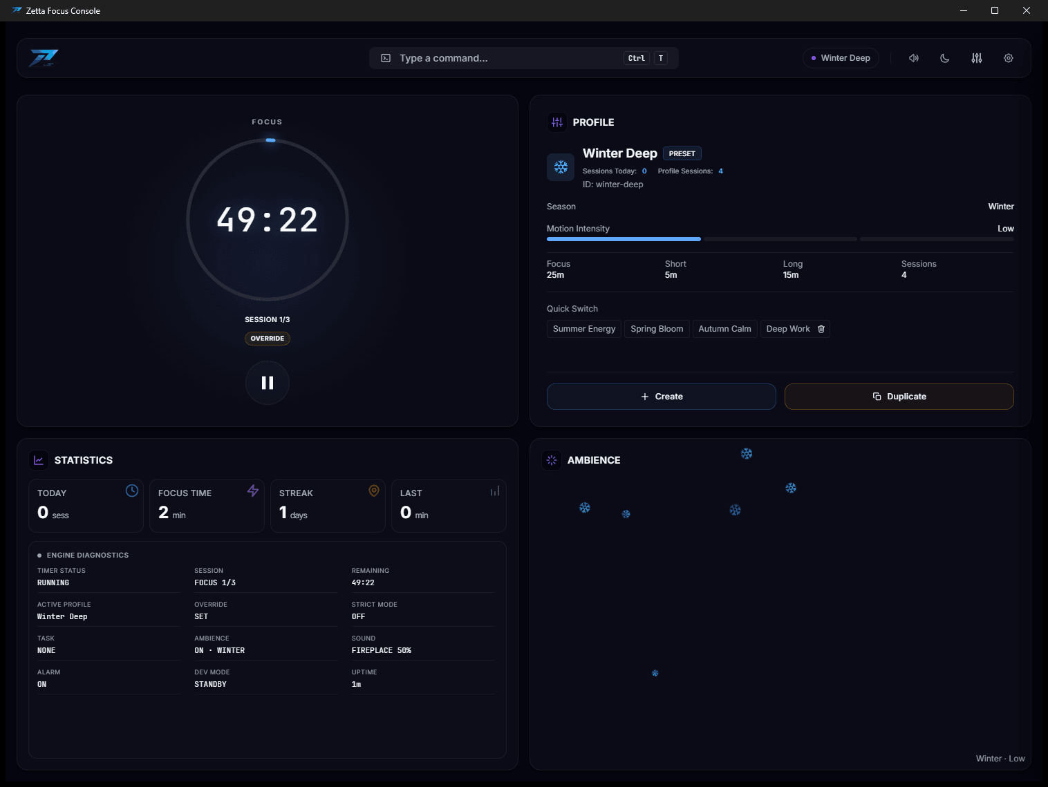 The dashboard: a countdown ring reading 49:22 with an override badge, the active Winter Deep profile and its intervals, session statistics, engine diagnostics, and snow drifting through the ambience panel.