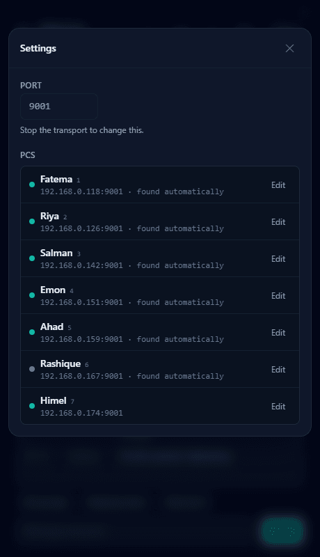 Settings: the port, and every machine with its name, address and shortcut number.