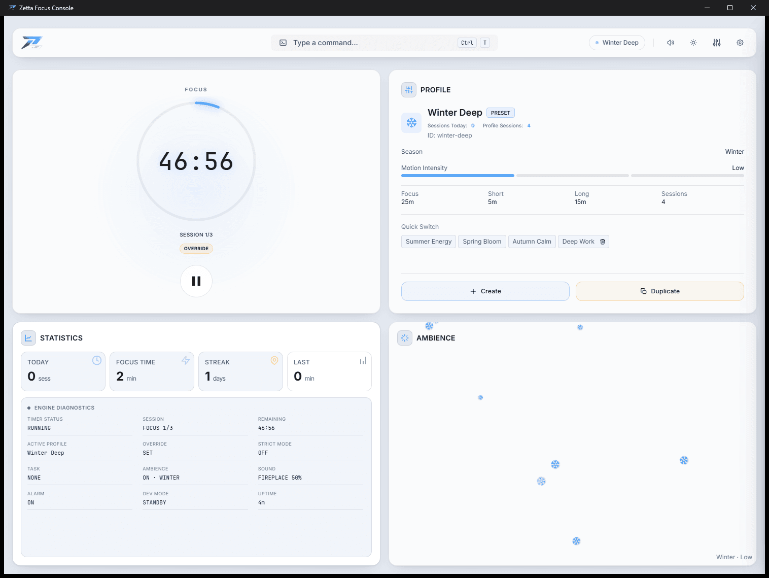 The dashboard: a countdown ring reading 49:22 with an override badge, the active Winter Deep profile and its intervals, session statistics, engine diagnostics, and snow drifting through the ambience panel.