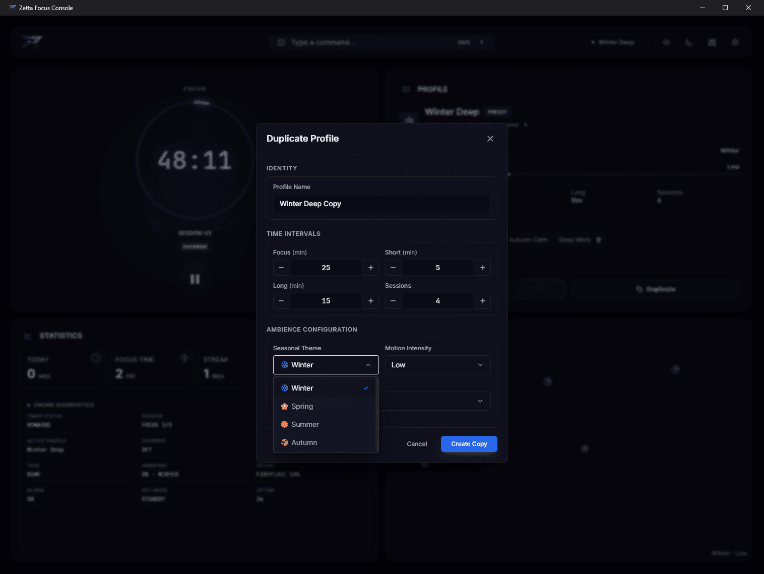 The profile dialog: duration, season, motion, sound and volume for a single profile.