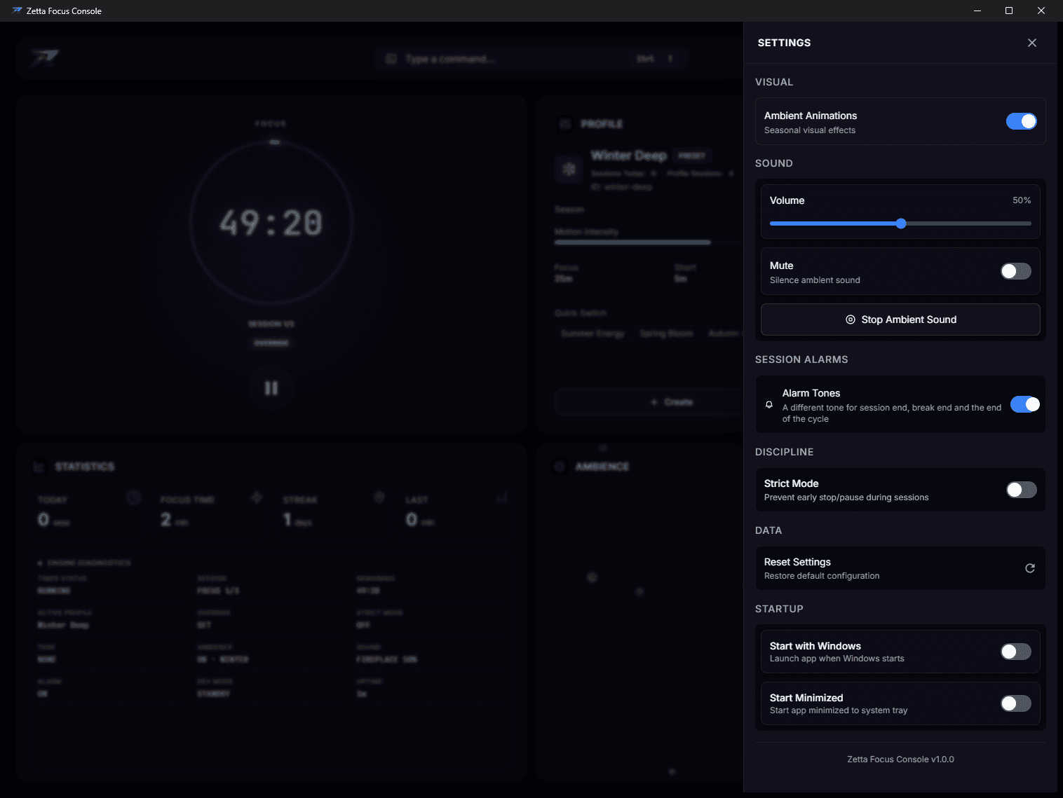 The settings panel, showing theme, ambience, sound and alarm controls.